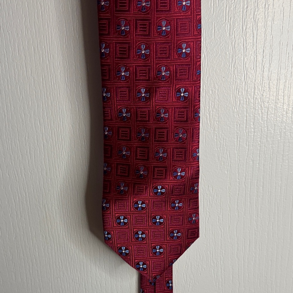 Hickey Freeman Red Silk Tie with Blue Floral Medallions
